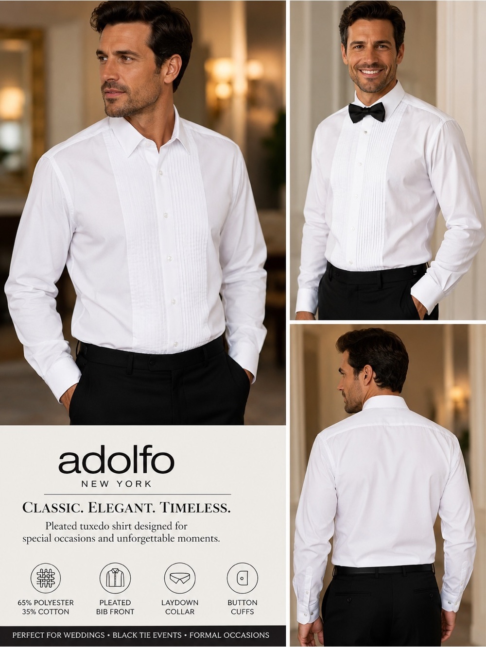 Adolfo White Pleated Tuxedo Dress Shirt Men’s XXL 18-18.5 Formal Button Front